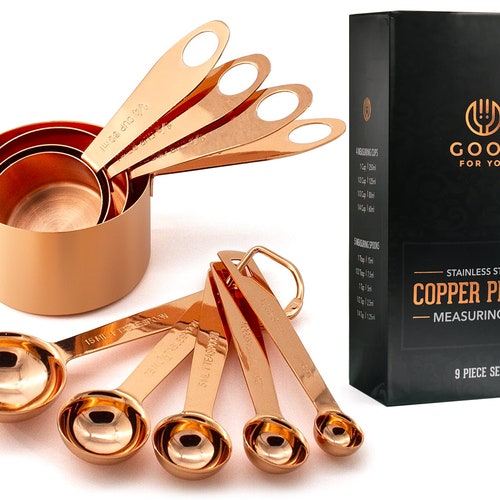 9 Piece Copper Stainless Steel Measuring Cups and Spoons Set with Engraved Measurements - Perfect Baking Gift