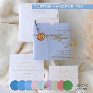 Inviti di nozze in acrilico con RSVP e busta in blu / Inviti trasparenti personalizzati per matrimoni e Quinceanera - Dettagli della carta