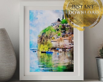 See in Ohrid, Mazedonien zeitlos, Geschenkideen, Geschenk personalisiert, Cooles Geschenk, Gemälde von Fotos, Weihnachtsgeschenk, Aquarell Druck, Canva