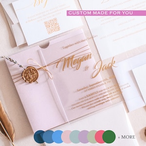 Blush Pink Acrylic Wedding Invitation Set: Gold Foil, RSVP, Wax Seal