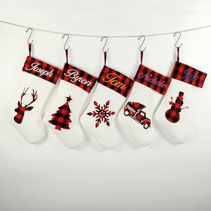 Personalized Christmas Stockings White Velvet with Buffalo Plaid Stocking,Embroidered Stocking for Holiday Stocking w/Name for Family Decor