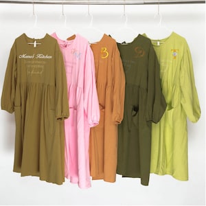 Oversized Skirt Apron, Green Cotton Long Sleeve Pinafore for Women With Pockets, Gardening Cute Work Apron Adult Smock,Full Length Pinafore