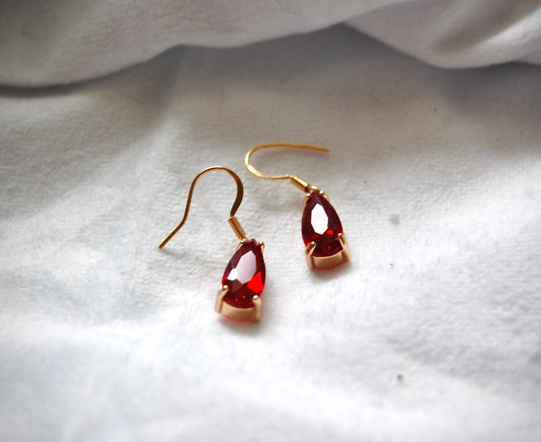 Ruby Red Teardrop Earrings: Gold-plated Surgical Steel Dangles - Etsy