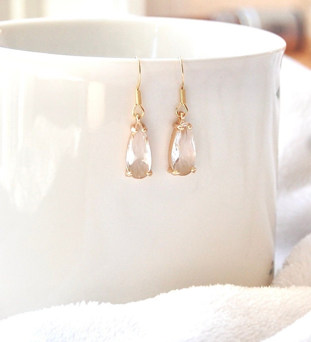 White and Gold Dangle Earrings Wedding Jewelry Teardrop Earrings