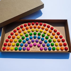 Montessori Rainbow toy for color learning, matching and sorting with included wooden felt balls