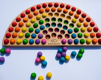 Rainbow toy for color learning, matching and sorting. Handmade wooden Montessori toy with included Wooden or Wool felt balls.