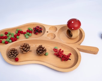 Leaf shaped wooden tray. Loose parts,  Sorting, and Tinker tray. Storage loose parts.