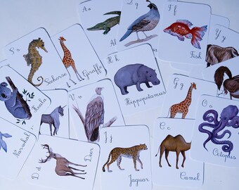 Set of 26 Montessori Animals alphabet flashcards • English & German letters set available