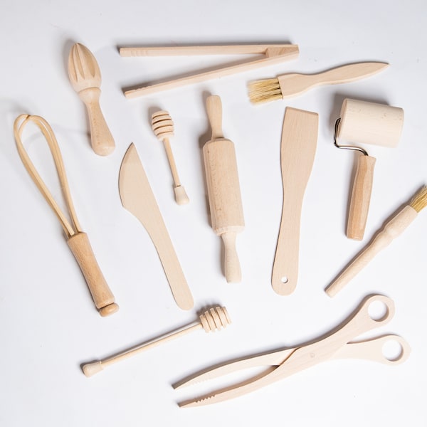 Set of 12 wooden kitchen utensils for kids. Heuristic & open ended play toys. Sensory toys. Treasure basket.