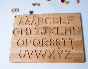 Reversible Romanian alphabet tracing board. Lowercase and Uppercase letters. Montessori letters learning tool.