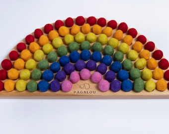 Wooden Montessori Rainbow toy for color learning sorting and matching activities. Wooden or wool felt balls included!