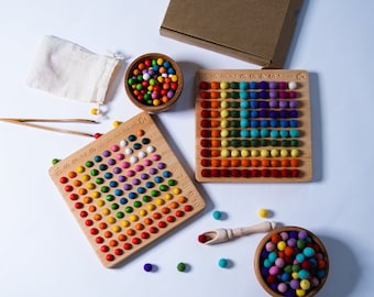 100 BOARD. 10 times multiplication math set with included wooden or wool felt balls.