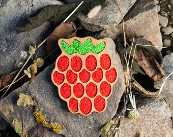 Rapsberry wooden sensory tray. Wooden Montessori fruits toy for open ended and sensory play.