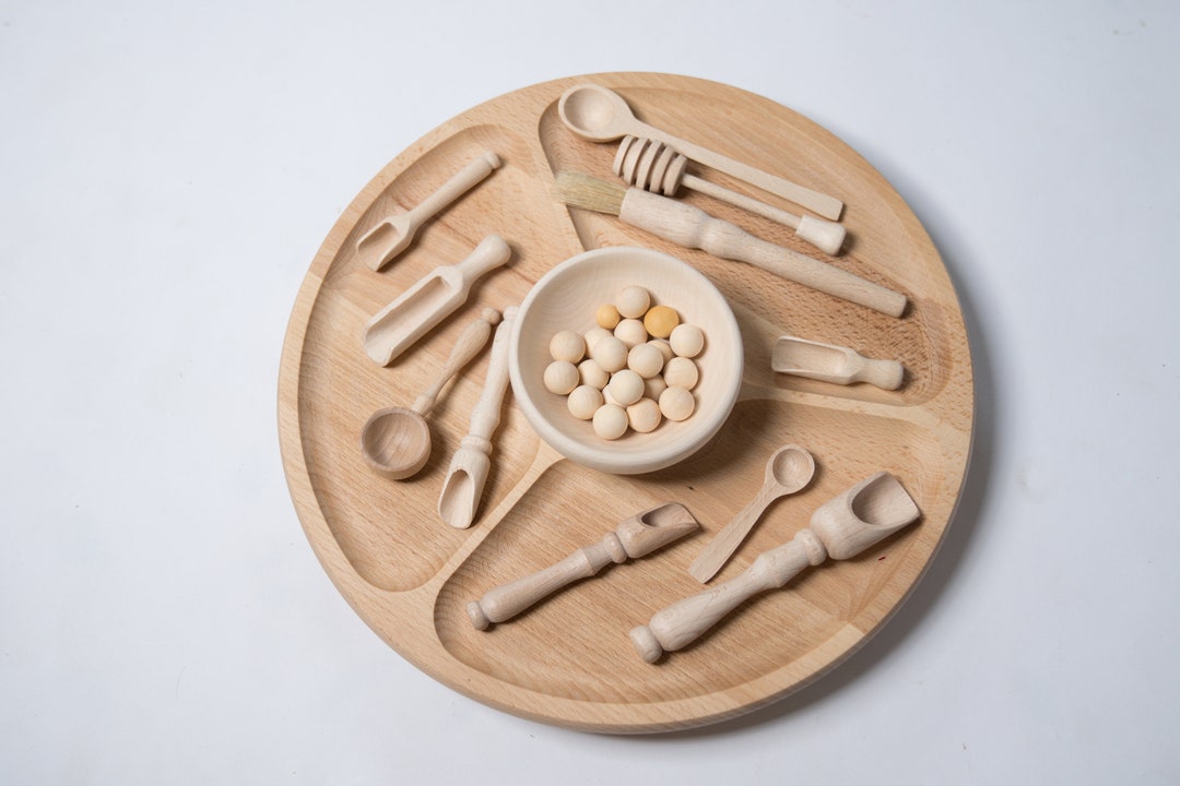 Open Ended Wooden Kitchen Utensils for Kids. Montessori Treasure Basket for Role Play and