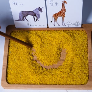Bandeja de arena Montessori de madera, bandeja de arroz para el desarrollo de habilidades previas a la escritura