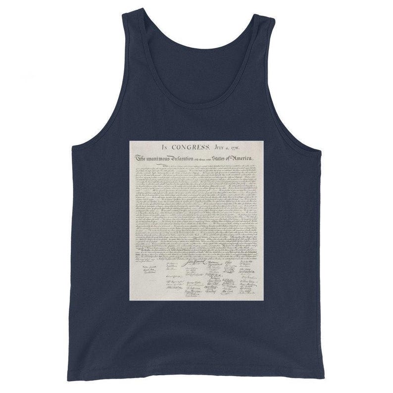May include: A navy blue tank top with a white print of the Declaration of Independence. The text reads "In CONGRESS, July 4, 1776. The unanimous Declaration of the thirteen united States of America."