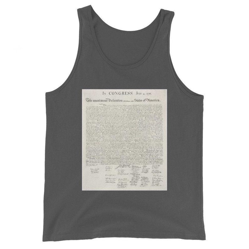 May include: A dark gray tank top with a white print of the Declaration of Independence. The text reads "In CONGRESS, July 4, 1776. The unanimous Declaration of the thirteen united States of America."