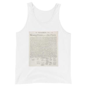 May include: A white tank top with a black and white image of the Declaration of Independence. The text reads "1st CONGRESS July 4, 1776. The unanimous Declaration of the thirteen united States of America."