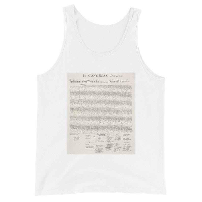 May include: A white tank top with a black and white image of the Declaration of Independence. The text reads "1st CONGRESS July 4, 1776. The unanimous Declaration of the thirteen united States of America."