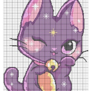 May include: Purple and pink cartoon cat with a winking eye, holding a yellow and orange ball. The cat has white stars on its body.
