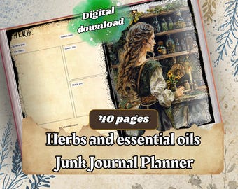 Green Witch Junk Journal, Digital Planner, Printable Herbal and aromatherapy scrapbook grimoire