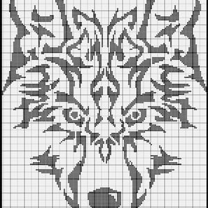 May include: Black and white pixel art cross stitch pattern of a wolf's head. The wolf's eyes are detailed and the fur is stylized.