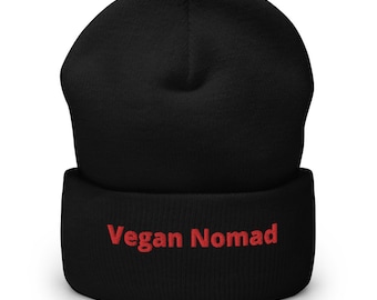 Cuffed Beanie - Vegan Nomad red text