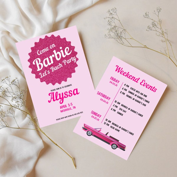 Barbie Bachelorette Invitation and Itinerary | Come On Barbie Let's Bach Party Invite and Itinerary | Pink Barbie Bachelorette Invitation