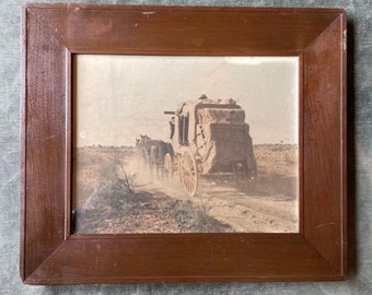 Antique Black and White photo of Horse Drawn Wagon. Vintage Farmhouse, Cabin, Ranch, transportation, rustic decor,