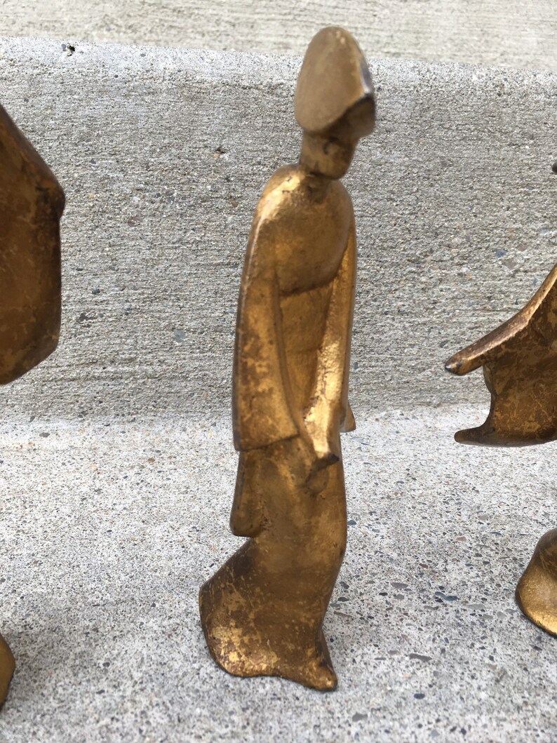 Trio of Modernist Cast Iron Japanese Bon ODori Dancers Okimono Nambu Tetsu Mid Century statue sculpture Japan