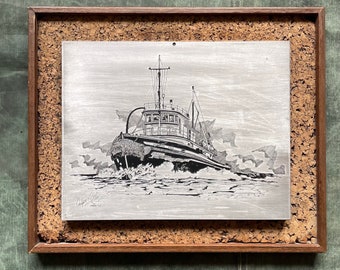 Vintage Aluminum laser etching of Tug Boat by NW Artist Christopher P. Bollen. Nautical, maritime, Seattle, transportation, longshoreman