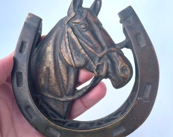 Rare True 1930’s ENGLISH Brass Horse Head and Horseshoe Door Knocker- Made in England, Equestrian, Ranch, Cowboy, Western, farmhouse, luck,