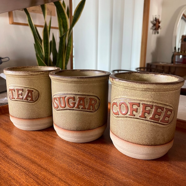 Vintage English Madrigal Stoneware Canister Jars- sugar, coffee, tea, c1960’s Rustic Kitchen Storage, Cafe Decor, mid century