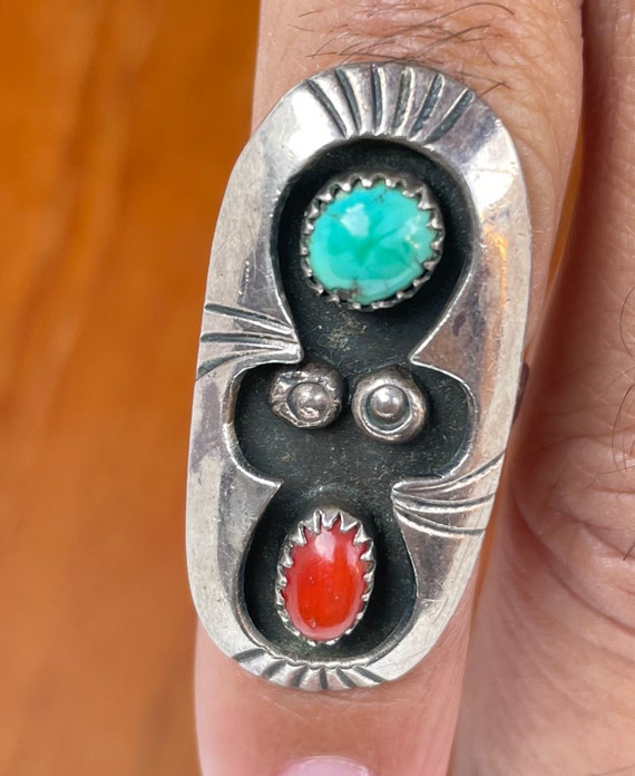 Vintage Navajo Turquoise and Coral Sterling Silve… - image 2