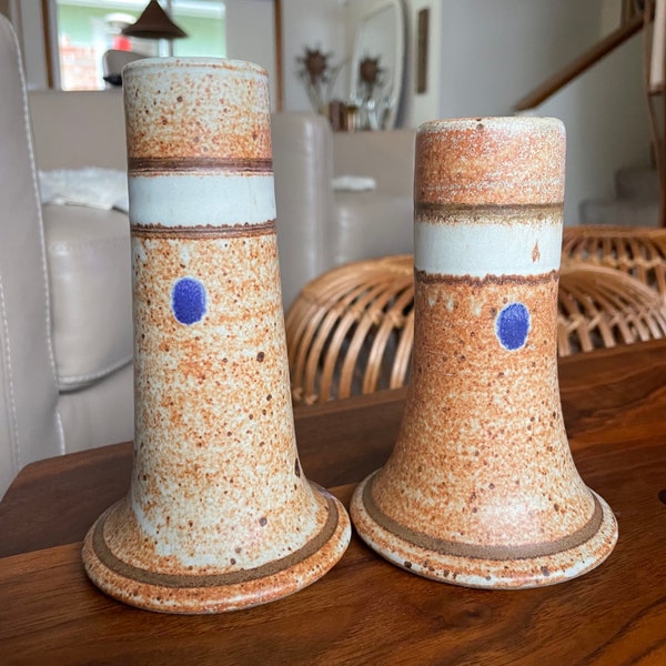 Vintage Studio Pottery Vases or Candleholders by John Meinhart (1950-2019), Stoneware Alley, Cincinnati OH, Blue Dot, earth tones,naturalist