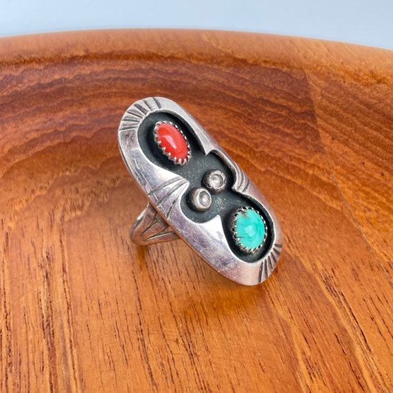 Vintage Navajo Turquoise and Coral Sterling Silve… - image 9