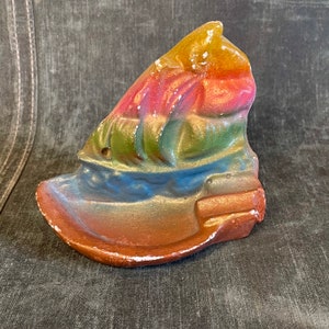 1940’s Chalkware Rainbow Sailing Ship Ashtray. Nautical Ocean Sea Surf Beach House Decor Vintage Galleon Pirate Navy, boat, yacht