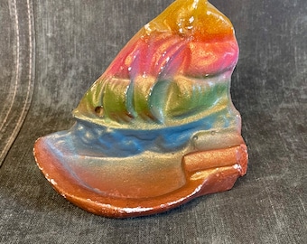 1940’s Chalkware Rainbow Sailing Ship Ashtray. Nautical Ocean Sea Surf Beach House Decor Vintage Galleon Pirate Navy, boat, yacht