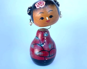 Exquisite Miniature Kokeshi Bobblehead Doll - Hand painted, Pearl earrings, Vintage Japanese, rose, red, blue,