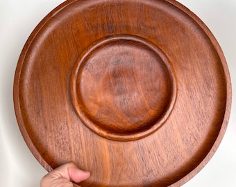 Mid Century Danish SOLID Teak Round Service tray with Copper Feet - Minimalist Modernist Round Circular, cheese, board, charcuterie, 14 inch