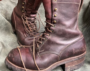 ULTRA Rare 1950’s Forest King Handmade Custom Brown Oiled Leather Work Boots, Workwear, Made in USA Size 8 EE Mens, Logger, Motorcycle