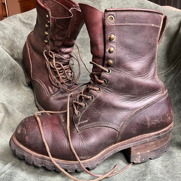 ULTRA Rare 1950’s Forest King Handmade Custom Brown Oiled Leather Work Boots, Workwear, Made in USA Size 8 EE Mens, Logger, Motorcycle