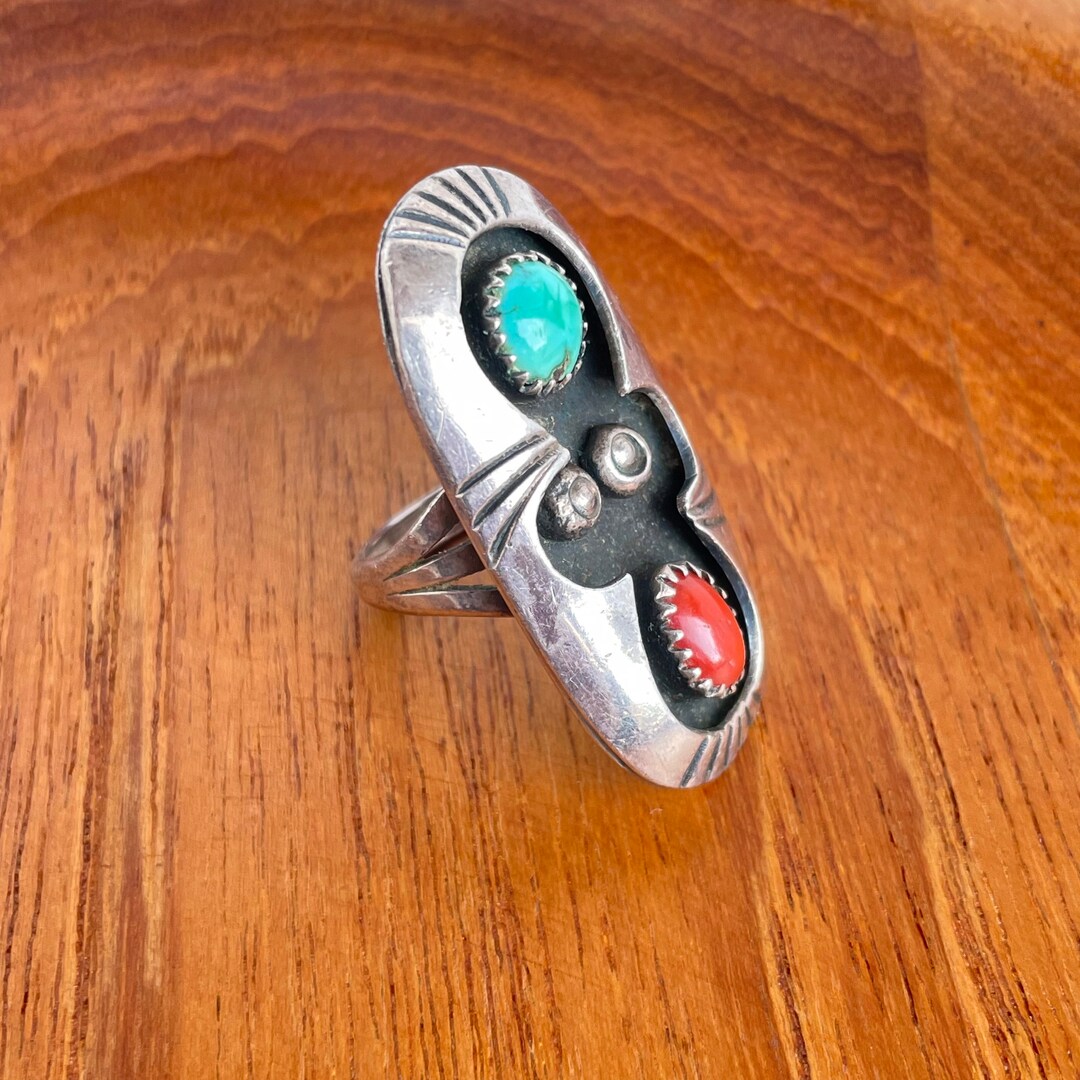 Vintage Navajo Turquoise and Coral Sterling Silver Statement Ring ...