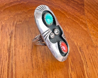 Vintage Navajo Turquoise and Coral Sterling Silver Statement Ring - Feminine Form- Long Oval - large - Size 5.5 Southwestern