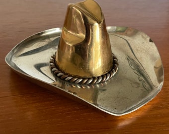 1940’s Silver Plated Brass Cowboy Hat or Sombrero ashtray - Vintage Rodeo Western farmhouse decor Ranch Horse Equestrian, Mexican,