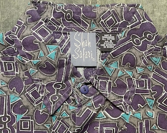 Rad DEADSTOCK 1990’s Oversize Abtract Print Button Up Shirt, short sleeve, Shah Safari, Purple, Teal Green, Gray, White, Size Med 44 NOS