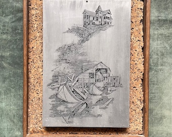 Vintage Aluminum laser etching titled “Retired” of Fisherman and Victorian House, by NW Artist Christopher P. Bollen. Nautical, maritime,