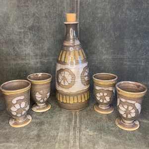 RARE Joanne Strandwold Art Pottery Decanter and Cup set. Mid century, studio pottery, 1960’s, wine, bottle, Northwest Artist, Female Artist