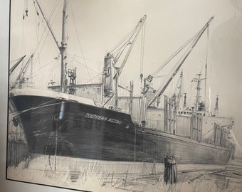 Vintage Original Pencil Drawing of ”Southern Accord” Container Ship in Port Angeles, Washington. By Artist Hammer. Maritime, Nautical, boat