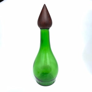 1962 Duraglas Green Glass Bottle with Turned Walnut Cap. 10 inch, cocktail, tiki bar, whiskey, wine, mid century modern, decanter, vintage
